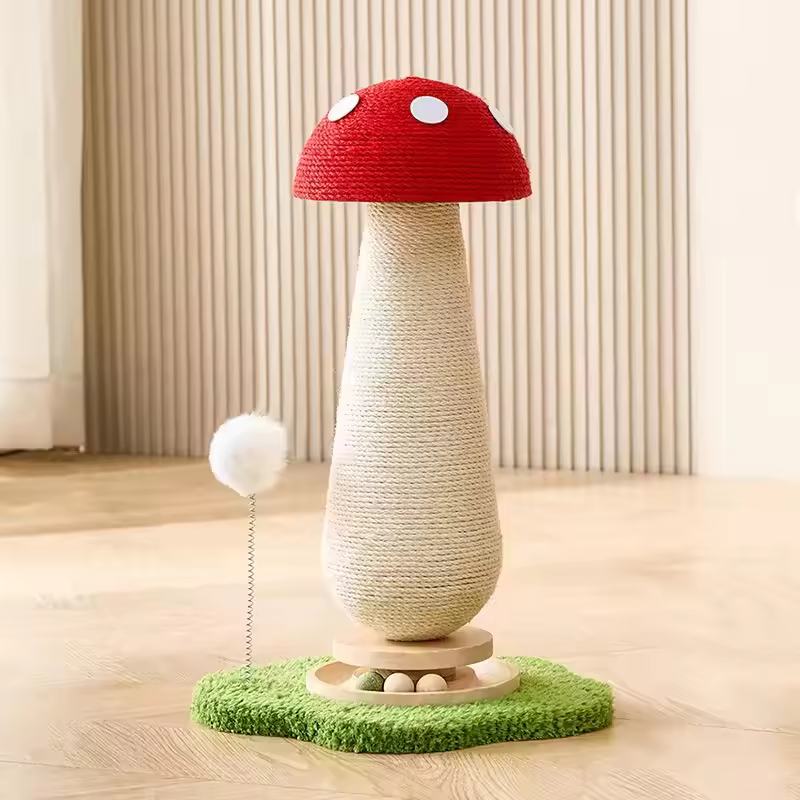 Natural Sisal Mushroom Cat Scratcher Cute Shape Vertical Scratching Post Interactive Spring Ball Pet Play Toy